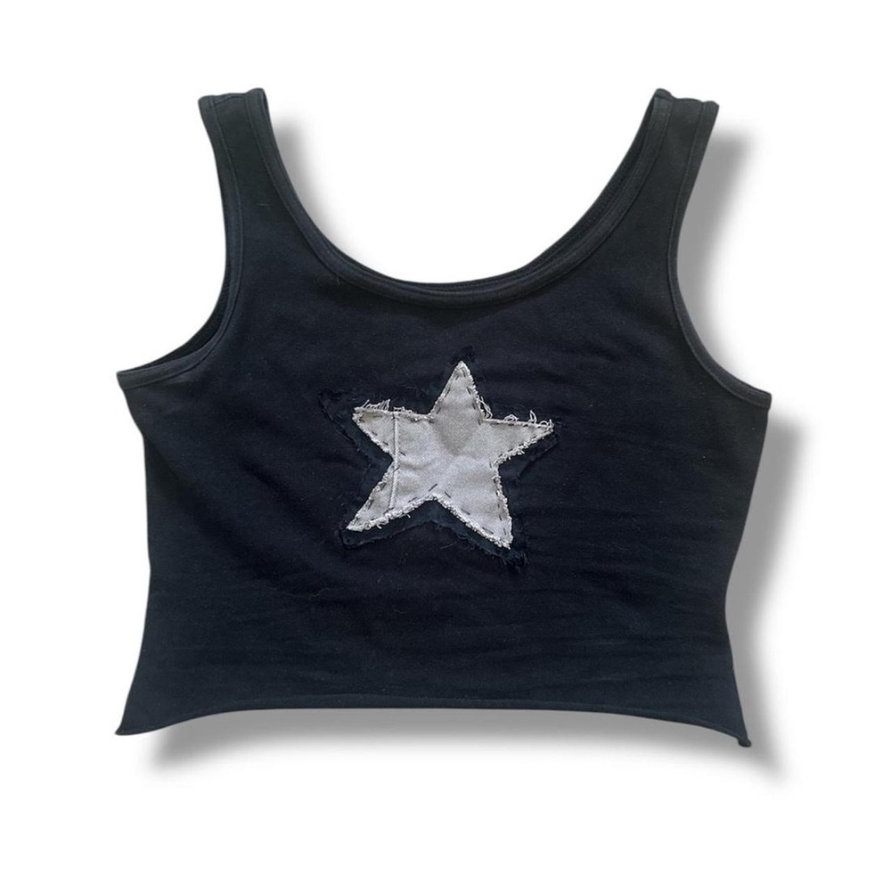 Black Crop Top with Grey Denim Star Patch